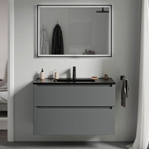 Bernstein Meuble de salle de bain suspendu bois laqué, meuble vasque noire 2 tiroirs soft-close - Garantie 5 ans - 64x101x47cm - vireo -Matt anthracite (en)