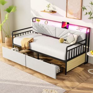 Hauss Spole - Canap&eacute;-lit 90&times;200 cm, lit enfant, led + prise, avec 2 tiroirs, m&eacute;tal, sans matelas, beige
