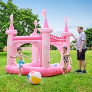Teamson Kids Château Gonflable air de Jeux Aquatique Piscine pour Enfant avec arroseurs et Pompe Rose TK-48271P