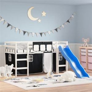 VidaXL Lit Mezzanine Enfants et Rideaux, Lit Surélevé pour Enfants avec Échelle, Meuble de Rangement Chambre, Moderne, Blanc Noir 80x200cm Pin Massif