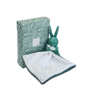 Doudou et Compagnie Lapin avec Doudou Vert Sauge – Peluche Bébé Ultra Douce – Motif Fleuri – Cadeau Naissance Mixte – Lavable en Machine – Coffret Offert - DC4361