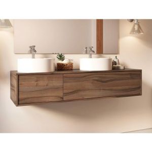 Meuble de salle de bain suspendu coloris naturel foncé avec double vasque à poser ronde- L150 cm - ISAURE II