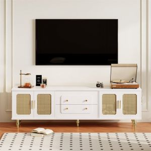 Meuble TV 175x38x55.5cm, style rétro, avec 2 portes en rotin et 2 tiroirs, pieds en bois métal, blanc