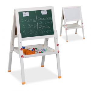 Relaxdays Tableau magnétique pour enfant, des deux côtés, réglable en hauteur, 77 x 39 x 44,5 cm, blanc et tableau à craie