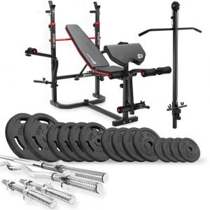 Hop-Sport Ensemble d'haltères 76 kg et Banc de Musculation Multifonction HS-1065, Pupitre de Biceps, Papillon, Poulie haute, Set de disques de poids en fonte 31 mm, Kit de Barres d'haltères