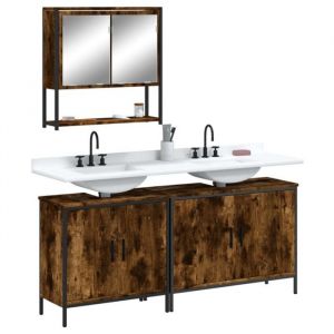 VidaXL Ensemble de Meubles de Salle de Bain 3 pcs, Armoires avec Miroir, Meuble de Rangement Toilette Int&eacute;rieur Int&eacute;rieur, Moderne, Ch&ecirc;ne Fum&eacute;
