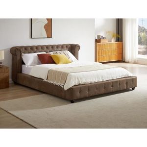 Lit chesterfield 180 x 200 cm - Tissu effet cuir vieilli - Marron - TONGERLA