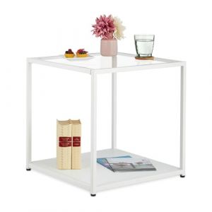 Relaxdays Table basse, 2 niveaux : en verre/MDF, structure métal, forme carrée, hlp : env. 50 x 50 x 50 cm, blanche