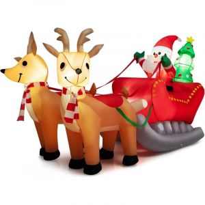 COSTWAY Traîneau Gonflable de Noël Lumineux H 130 cm avec Père Noël et Renne, Décoration de Noël Gonflable LED avec Arbre de Noël