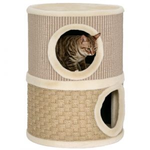 Pawhut Tonneau pour chat - 2 niveaux - avec griffoirs - recouvert de peluche - 355 x 355 x 49 cm - kaki et caf&eacute;