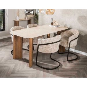 Mohea - table &agrave; manger - plateau en c&eacute;ramique effet travertin - 4 &agrave; 6 personnes - Bois / Beige