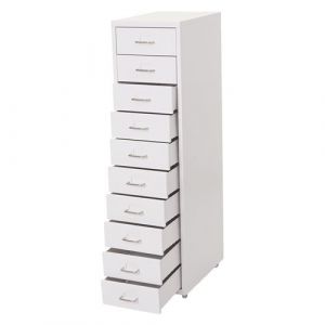 Caisson a roulettes Boston T851, armoire à tiroirs, 110x28x41cm 10 tiroirs blanc