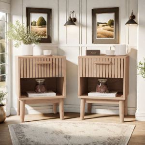 Table de Chevet - TANANT - Lot de 2 - 1 Tiroir - Rangement Ouvert - Bois Beige 40x35x55 cm