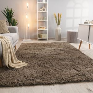 Tapis De Salon Poils Longs Fausse Fourrure Shaggy Moelleux Monochrome, Dimension:200 cm Rond, Couleur:Taupe