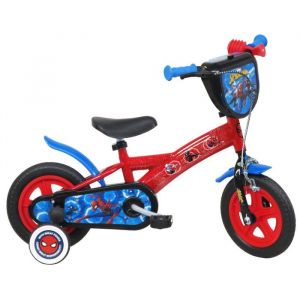Vélo enfant 10'' SPIDERMAN avec plaque avant décorative, 1 frein, garde-boues, carter, roues à bâtons & 2 stabilisateurs !