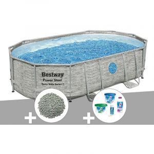 Bestway Kit piscine tubulaire ovale Power Steel SwimVista avec hublots 4,88 x 3,05 x 1,07 m + 10 kg de zéolite + Kit de traitement au chlore