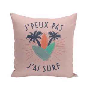 Image de Housse de Coussin Rose 40x40 cm J'Peux Pas J'ai Surf Mer Sport Planc Vague