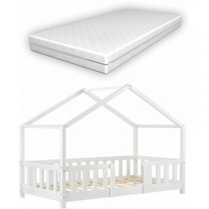 Image de Décoshop26 Lit pour enfant cabane maison avec matelas barrière et sommier en bois de pin blanc 80 x 160 cm - blante