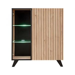 Vitrine basse design 2 portes avec &eacute;clairage led int&eacute;gr&eacute; collection nielsen. Coloris ch&ecirc;ne clair et noir. - Marron - Bois