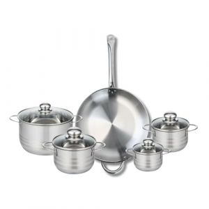 Fackelmann ELO 9874650 Batterie de cuisine 5 pièces, Ensemble de 1 Poêle de cuisson 32 cm et 4 faitouts 12, 14, 16 et 20 cm Elo Profi Brillant, inox, induction