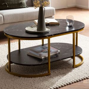 M&S Table basse double plateau 100x60x45 cm aspect marbre noir et doré