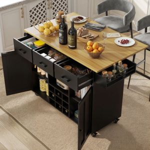 Buffet Cuisine,&Icirc;lot de Cuisine Multifonctionnel avec 3 Tiroirs,&Eacute;tag&egrave;re &agrave; &Eacute;pices,Plateau Extensible 65cm,Noir