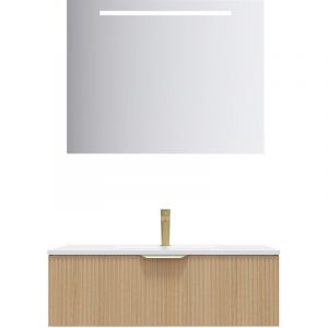 Meuble de salle de bain suspendu vasque int&eacute;gr&eacute;e 90cm 1 tiroir Ch&ecirc;ne cannel&eacute; + miroir - Venice