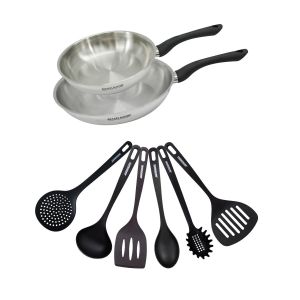 Fackelmann 9442450 Set 2 poêles 24 et 28 cm en inox 18/8 et 6 ustensiles RPET, Poêle de cuisson, Poêle tous feux, Poêle induction, Poêle sans PFAS, Acier inoxydable 18/8, RPET, 24 et 28 cm