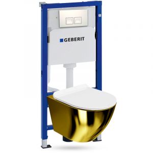 GEBERIT Duofix Basic Support B&acirc;ti-support + Lavita WC Sofi Slim Gold/White suspendu sans bord + panneau de commande Delta 25 blanc Kit complet WC