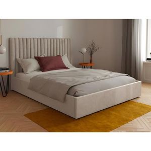 Lit coffre 160 x 200 cm avec tête de lit coutures verticales - Tissu - Beige + Matelas - SARAH
