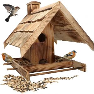 KOTARBAU Mangeoire à oiseaux XL en bois brûlé + 0,5 kg de nourriture gratuite.