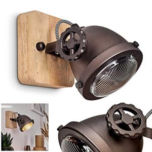 Hofstein Applique murale Herford en bois, verre et métal noir/brun, spot mural retro-industriel pivotant idéal dans un salon vintage, pour 1 ampoule GU10 max. 50 Watt, compatible ampoules LED