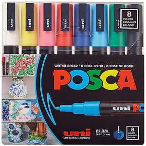 Posca Mitsubishi Pencil - 8 Marqueurs PC3M - Pointe Conique Pointe Fine - Marqueurs Peinture &agrave; Base d'Eau - Tout Support - Pour Papier, Textile, Verre, Galet, Bois - Couleurs Classiques