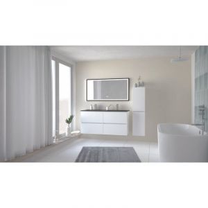 Meuble TRENDY - 120 cm - Blanc mat - 4 Tiroirs - Plan noir + miroir SELENA