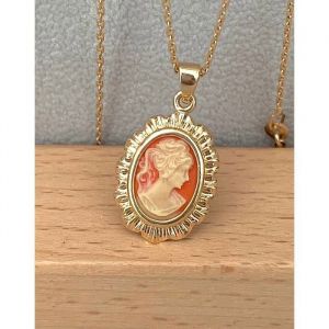 Collier - Cam&eacute;e - Rouge - Plaqu&eacute; Or 18 Carats - 45 Cm - Femme