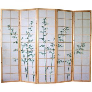 Image de Pegane Paravent bois naturel avec dessin bambou vert - 5 pans -