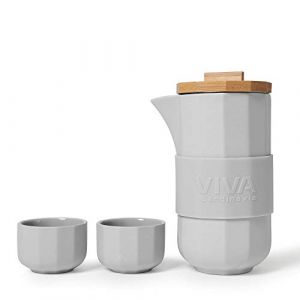 Viva scandinavia (V77202) Théière design en porcelaine couvercle en bambou, avec 4 tasses à thé (70 ml) - Crème