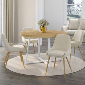 Idmarket Lot de 4 chaises de salle &agrave; manger thalya en velours beige et pieds effet bois avec accoudoirs