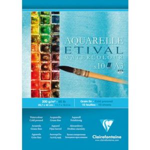 Clairefontaine 96303C - Bloc encoll&eacute; de 10 feuilles de papier aquarelle Etival grain fin, 200 g/m&sup2;, A3