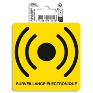 Exacompta Réf. 67051E - 1 pictogramme adhésif Surveillance électronique - En vinyle PVC traité anti-dérapant - Finition brillante - Dimensions : 10 x 10 cm Coloris : noir sur fond jaune