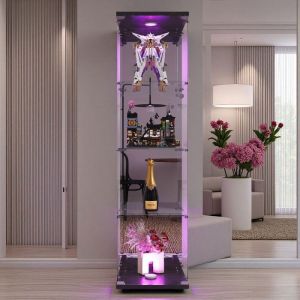 Vitrine Lumineuse LED - Verre Transparent Miroir - 4 &Eacute;tag&egrave;res - Cadre Noir - S&eacute;curis&eacute;e