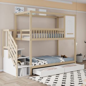 Lit superpos&eacute; enfant 2 places Bois 90x200 cm avec 2 tiroirs, lit simple &eacute;chelle de rangement, design en forme de maison, sans matelas, Antichute,