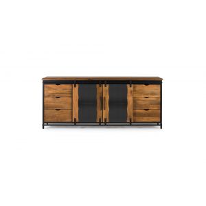 Bahut 6 Tiroirs Bois, Fer Noir 190x40x80cm - Bois-Fer - Noir