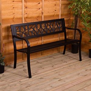 Garden Vida Banc de jardin en acier, motif tulipe, 3 places, meuble d&rsquo;ext&eacute;rieur, pour parc et patio, Noir