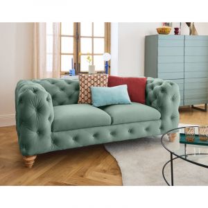 Walter - canapé 2 places chesterfield en velours - pieds bois - Bleu