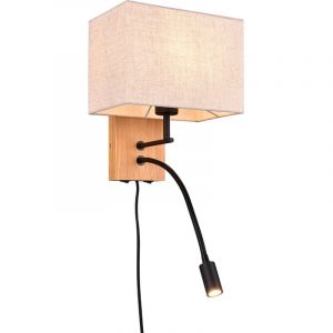 Trio Leuchten Applique Nilam 212870236, bois naturel, abat-jour en tissu, excl. 1x E27, bras de lecture avec LED de 3,1 watts, Flex Connect, Blanc