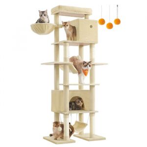 Arbre à Chat 201 cm Taille XXL Multi-Niveaux 1 Plateforme 1 Panier 2 Niches 2 Hamacs Dispositif Anti-Basculement Beige