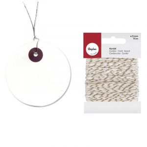Etiquettes blanc s rondes Ø 5 cm avec fil métal et ficelle dorée & blanc 15 m