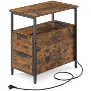 Table d’appoint avec multiprise 2 tiroirs effet bois marron rustique
