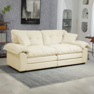 Canap&eacute; Droit 2 Places en Chenille,213cm Avec coussin,Ressorts Ensach&eacute;s,Confort Longue Assise,Beige